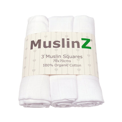 Muslinz White 3Pk Muslin Squares 100% Organic Cotton 70x70CM