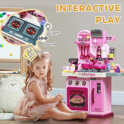 Kids Pretend Play Kitchen With Lights, Sounds, Storage &amp; 33pcs Accessories