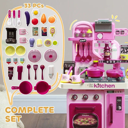 Kids Pretend Play Kitchen With Lights, Sounds, Storage &amp; 33pcs Accessories