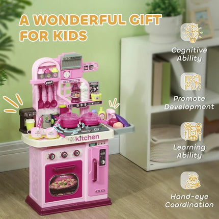 Kids Pretend Play Kitchen With Lights, Sounds, Storage &amp; 33pcs Accessories