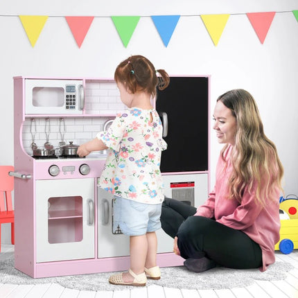 AIyaplay Pretend Play Pink Wooden Kitchen With Accessories 