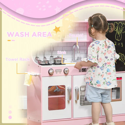 AIyaplay Pretend Play Pink Wooden Kitchen With Accessories 