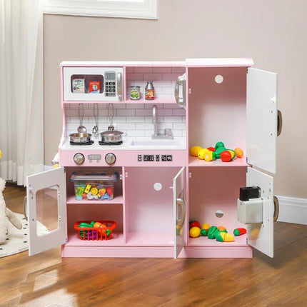 AIyaplay Pretend Play Pink Wooden Kitchen With Accessories 