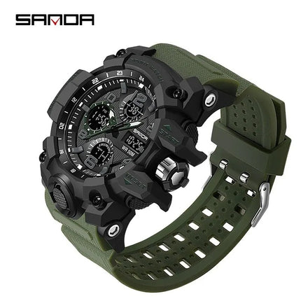 Sanda Sports Military Men's Watches Waterproof Dual Display  Green Strap Black Case