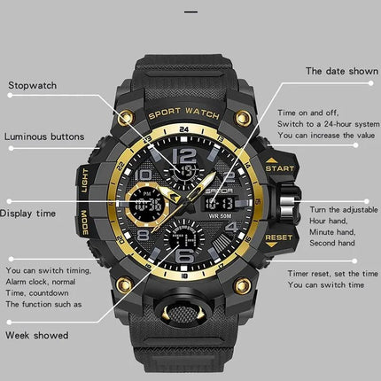 Sanda Sports Military Men's Watches Waterproof Dual Display Spec